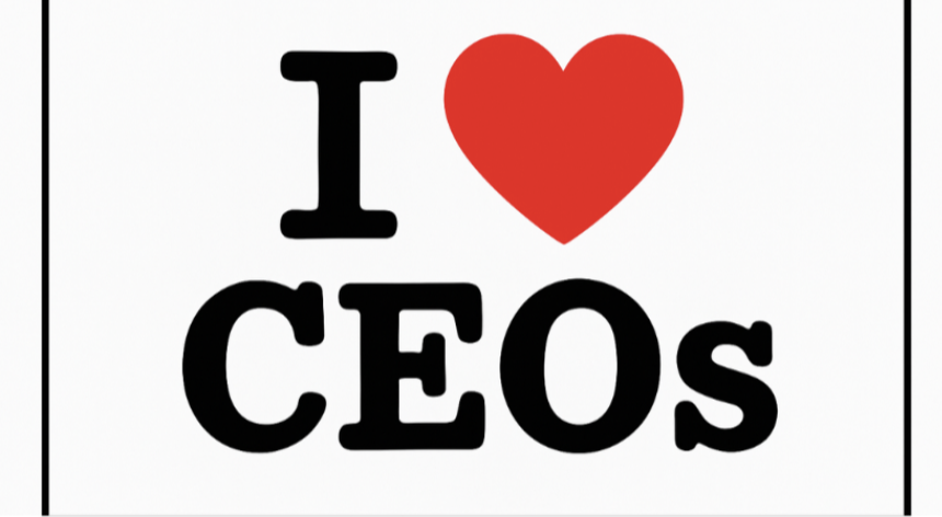 A bold graphic spelling 'I love CEOs' with a red heart symbol.
