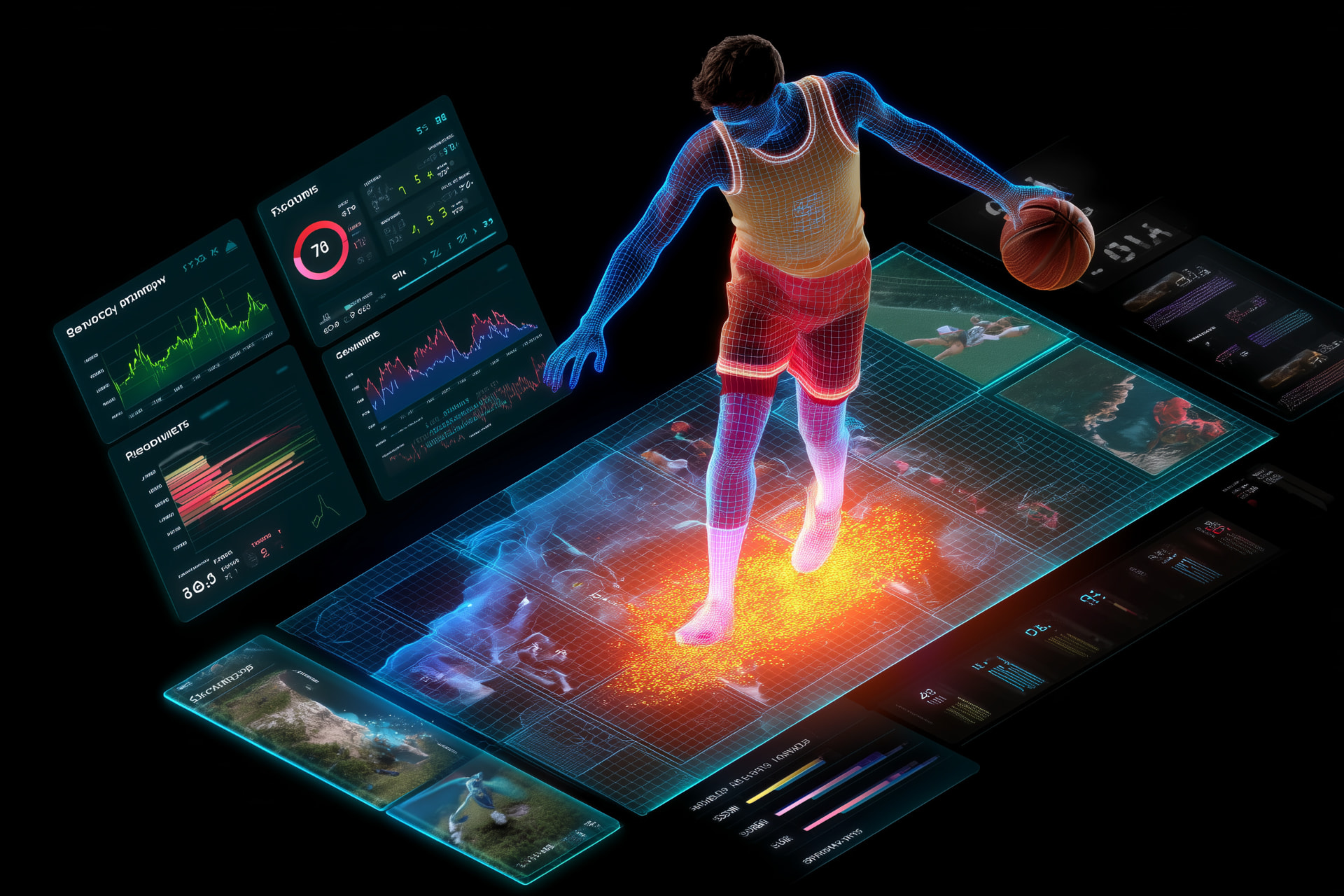 A wireframe basketball player rendered as a glowing hologram, stepping onto a data grid surrounded by floating performance dashboards.