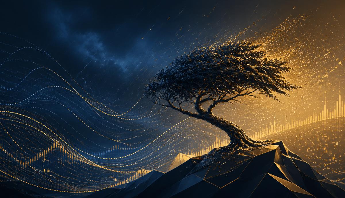 A lone resilient tree bends in a storm of abstract data waves and golden light particles, symbolising antifragile leadership in volatile times.