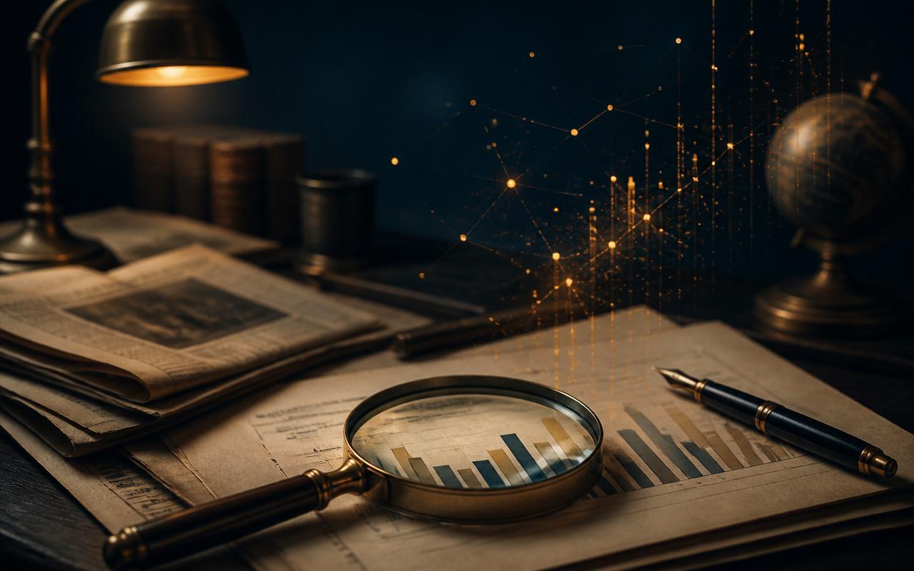 A vintage desk with newspapers, a magnifying glass over a printed chart, and glowing abstract data points in warm light.